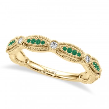 Antique Style Emerald & Diamond Wedding Ring Band 18K Yelow Gold (0.20ct)